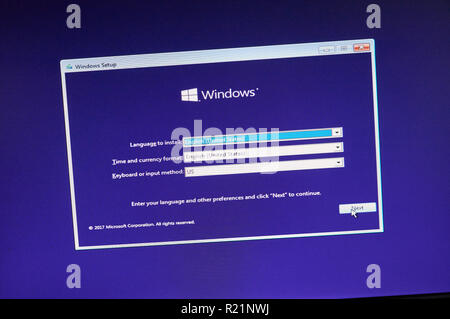 MONTREAL, CANADA - NOVEMBER 8, 2018: Windows Operating System installation process on a laptop screen. Microsoft is an American multinational technolo Stock Photo