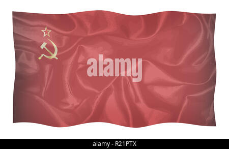 Hammer and Sickle set on a USSR silk flag faded with reds and black waving in the breeze Stock Photo