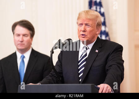 President Donald Trump and Brett Kavanaugh at the swearing in of Brett Kavanaugh as an Associate Justice of the Supreme Court in the East Room of the  Stock Photo