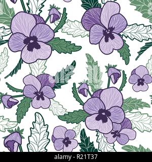 Pansy white background seamless vector pattern. Stock Vector