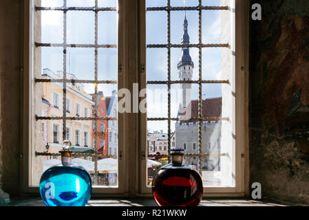 The town hall square seen from a pharmacy window. Tallinn, Harju County, Estonia, Baltic states, Europe. Stock Photo