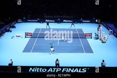 Juan Sebastian Cabal and Robert Farah (bottom) against Raven Klaasen and Michael Venus during the men's doubles match during day five of the Nitto ATP Finals at The O2 Arena, London. PRESS ASSOCIATION Photo. Picture date: Thursday November 15, 2018. See PA story TENNIS London. Photo credit should read: John Walton/PA Wire. . Stock Photo