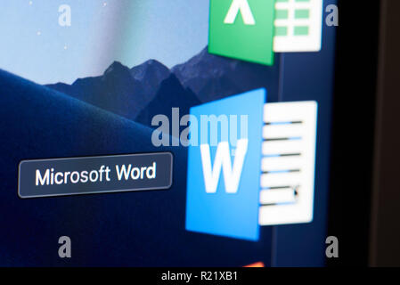 New york, USA - november 15, 2018:Microsoft office word blue icon on device screen pixelated close up view Stock Photo