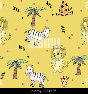 Safari seamless pattern with cute lions, zebras, giraffes and palms. Vector texture in childish style great for fabric and textile, wallpapers, backgr Stock Vector