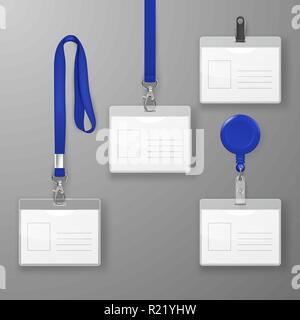 Vector Realistic Blank Office Graphic Id Card Set with Blue Clasp, Holder Cllip and Lanyard Set Closeup Isolated. Design Template of Identification Card for Mockup. Identity Card Mock-up in Top view Stock Vector