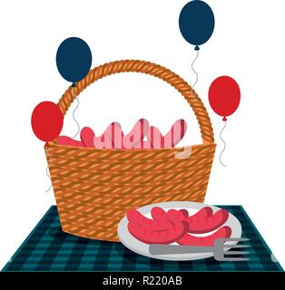 wicker basket sausages balloons and blanket vector illustration Stock Vector