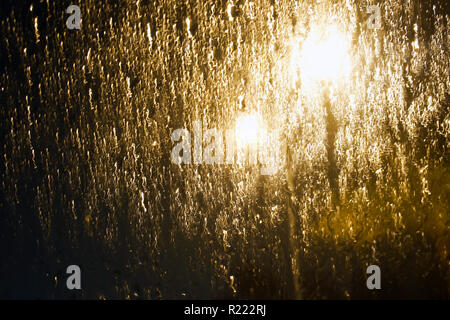 A view of palm trees during a rain storm through the view of the front windshield of car - raindrops on windshield Stock Photo