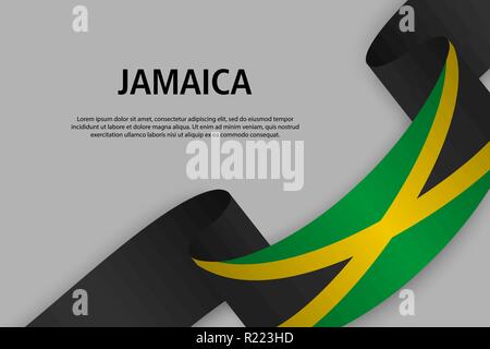 Waving ribbon with Flag of Jamaica, Template for Independence day banner. vector illustration Stock Vector