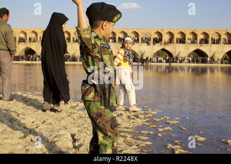 Iran: Isfahan 2011/11/07. People desperate for water, near the Allahverdi Khan Bridge (popularly known as Si-o-se-pol), across the Zayanderud river.<b Stock Photo