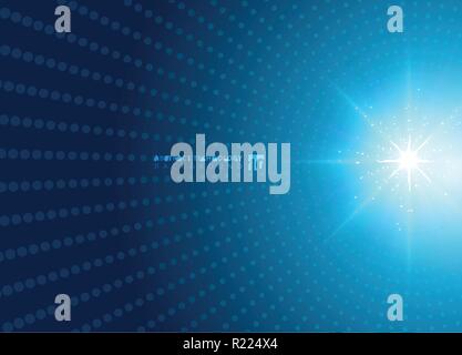 Abstract technology concept with blue neon radial light burst effect blue dots pattern futuristic perspective background. Digital elements circles hal Stock Vector