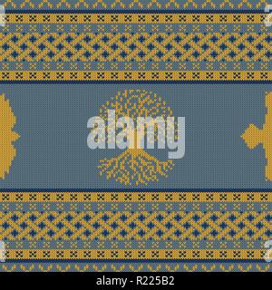 Knitted seamless celtic national ornament with World Tree and raven Stock Vector