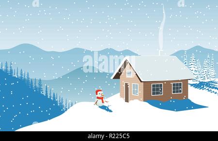 Christmas time. Winter with house, snowman in santa hat, distant mountains, snow, Snow flurry, sun light, chimney smoke, Fir forest. Vector illustrati Stock Vector