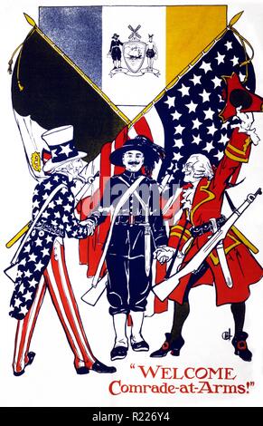 Welcome comrade-at-arms! 1917 american propaganda poster, from World War One. Poster shows Uncle Sam and Father Knickerbocker greeting a Bersagliere in a plumed hat; all three men bear rifles and swords. In the background, an American and Italian flag are crossed, Stock Photo