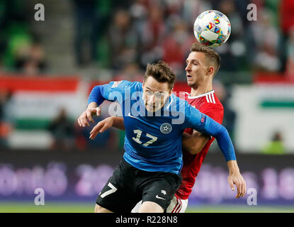 Budapest, Hungary. 15th November, 2018. (l-r) Siim Luts of Estonia fights for the ball with Dominik Nagy of Hungary during the UEFA Nations League group stage match between Hungary and Estonia at Groupama Arena on November 15, 2018 in Budapest, Hungary. Credit: Laszlo Szirtesi/Alamy Live News