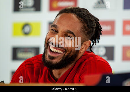 Cardiff, Wales. 13th November, 2018. Wales captain Ashley Williams faces the media ahead of the match against Denmark in the UEFA Nations League. Lewis Mitchell/YCPD. Credit: Lewis Mitchell/Alamy Live News Stock Photo