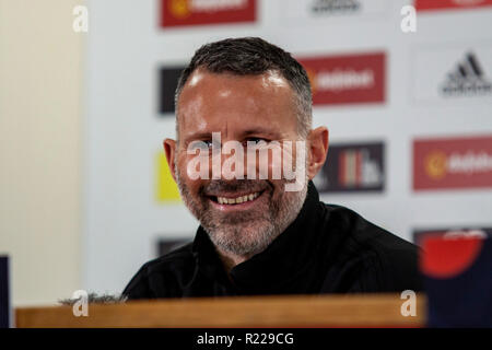 Cardiff, Wales. 13th November, 2018. Wales manager Ryan Giggs faces the media ahead of the match against Denmark in the UEFA Nations League. Lewis Mitchell/YCPD. Credit: Lewis Mitchell/Alamy Live News Stock Photo