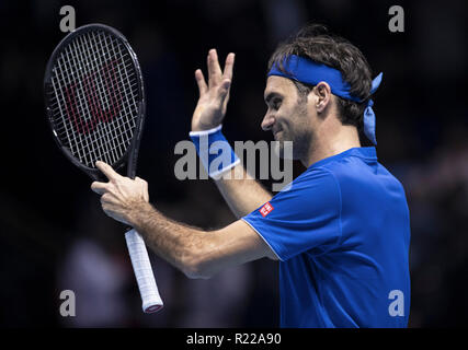 London, UK. 15th Nov, 2018. Roger Federer of Switzerland celebrates after the singles match against Kevin Anderson of South Africa on Day 5 of the 2018 ATP World Tour Finals at the O2 Arena in London, Britain on Nov. 15, 2018. Credit: Han Yan/Xinhua/Alamy Live News Stock Photo