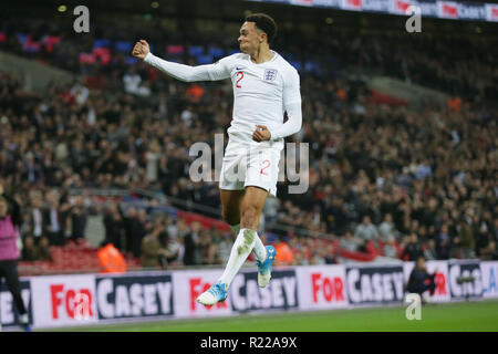 London, UK. 15th Nov, 2018. England's Trent Alexander-Arnold celebrates scoring during the International Friendly football match between England and the United States at Wembley Stadium in London, Britain on Nov. 15, 2018. England won 3-0. Credit: Tim Ireland/Xinhua/Alamy Live News Stock Photo