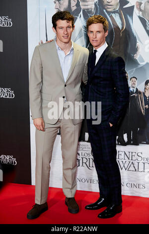 Eddie Redmayne and Callum Turner attends to Fantastic Beasts: The Crimes of Grindelwald film premiere during the Madrid Premiere Week at Kinepolis in Pozuelo de Alarcon. Stock Photo