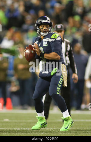 Seattle, WA, USA. 15th Nov, 2018. Seattle Seahawks quarterback Russell Wilson (3) in the pocket during a game between the Green Bay Packers and Seattle Seahawks at CenturyLink Field in Seattle, WA. Sean Brown/CSM/Alamy Live News