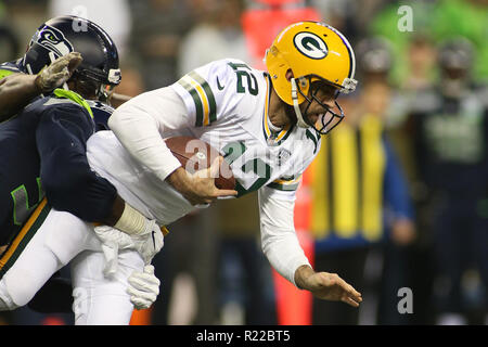 Seattle, WA, USA. 15th Nov, 2018. Green Bay Packers quarterback Aaron Rodgers (12) is sacked during a game between the Green Bay Packers and Seattle Seahawks at CenturyLink Field in Seattle, WA. Sean Brown/CSM/Alamy Live News