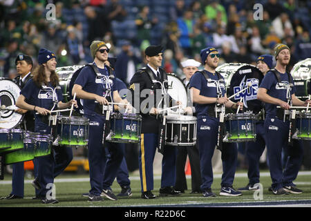 Seattle, WA, USA. 15th Nov, 2018. Members of the armed services join the Seahawks drumline, Blue Thunder, before a game between the Green Bay Packers and Seattle Seahawks at CenturyLink Field in Seattle, WA. Sean Brown/CSM/Alamy Live News