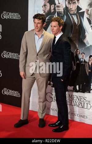 Madrid, Spain. 15th November, 2018. Callum Turner &  Eddie Redmayne attends the premiere of  'Fantastic Beasts: The Crimes Of Grindelwald' on November 15, 2018 at Kinepolis Cinema in Madrid, Spain. (Photo by Rodrigo Blanco) Credit: CORDON PRESS/Alamy Live News Stock Photo