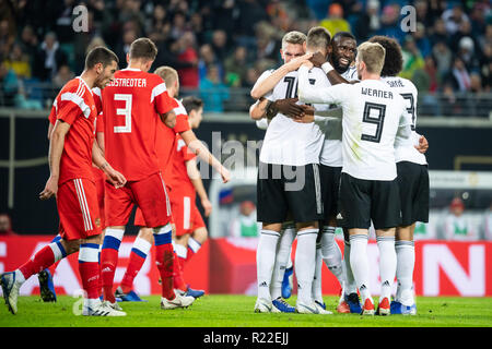 Leipzig, Germany. 15th Nov, 2018. Germany's players (R) celebrate scoring during an international friendly match between Germany and Russia in Leipzig, Germany, Nov. 15, 2018. Germany won 3-0. Credit: Kevin Voigt/Xinhua/Alamy Live News Stock Photo
