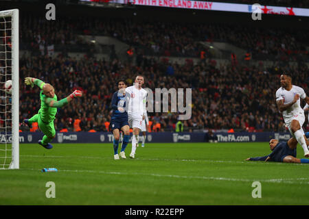 London, UK. 15th November, 2018. Callum Wilson of England scores the third goal, putting England 3-0 ahead - England v United States, International Friendly, Wembley Stadium, London - 15th November 2018 Credit: Richard Calver/Alamy Live News Stock Photo