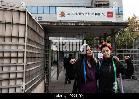 Madrid, Spain. 16th Nov, 2018. Femen activists posing for the press ahead of the beginning of a trial where two Femen activists are charged with religious offense. The action took place inside the cathedral of La Almudena during a protest in favor of abortion. The Association of Christian Lawyers demand 2 years of prison for the activists, in Madrid, Spain. Credit Marcos del Mazo/Alamy Live News Stock Photo