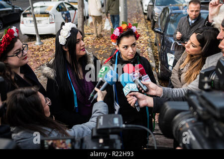 Madrid, Spain. 16th Nov, 2018. Femen activists speaking to the press ahead of the beginning of a trial where two Femen activists are charged with religious offense. The action took place inside the cathedral of La Almudena during a protest in favor of abortion. The Association of Christian Lawyers demand 2 years of prison for the activists, in Madrid, Spain. Credit Marcos del Mazo/Alamy Live News Stock Photo