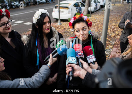Madrid, Spain. 16th Nov, 2018. Femen activist speaking to the press ahead of the beginning of a trial where two Femen activists are charged with religious offense. The action took place inside the cathedral of La Almudena during a protest in favor of abortion. The Association of Christian Lawyers demand 2 years of prison for the activists, in Madrid, Spain. Credit Marcos del Mazo/Alamy Live News Stock Photo