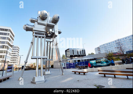 A technological-information centre including a restaurant with robotically operated service called Cyberdog (right) is seen near the Nove Butovice metro station in Prague, Czech Republic, on November 16, 2018. The Cyberdog was created by Czech sculptor David Cerny. On the left side is seen the Trifot kinetic sculpture earlier created also by David Cerny. (CTK Photo/Michaela Rihova) Stock Photo