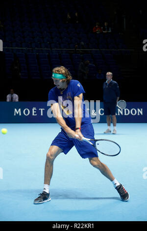 O2 Arena, London, UK. 16th November 2018, O2 Arena, London, England; Nitto ATP Tennis Finals; Alexander Zverev (GER) pratices ahead of his Credit: Action Plus Sports Images/Alamy Live News