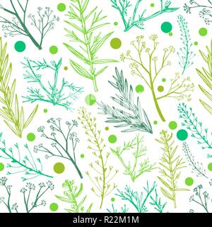 Green herbal seamless pattern. Healing field herb plants seamless background. Stock Vector
