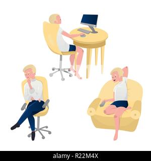Blonde man watching TV, working on computer and sitting on rolling chair. Guy at home involved in different activities. Stock Vector