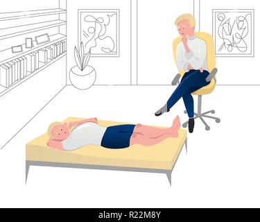 Psychotherapy session vector illustration. Shrink listens to patient. Patient lying on couch talking. Stock Vector