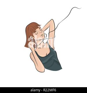 Teen girl listens to music in earphones. Young woman relaxing isolated on white background. Stock Vector