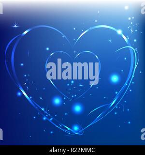 Abstract lightning  neon hearts on blue background illustration with magic lihgts Stock Vector