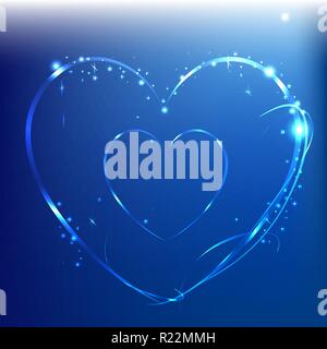Abstract lightning  neon hearts on blue background illustration with magic lihgts clean Stock Vector