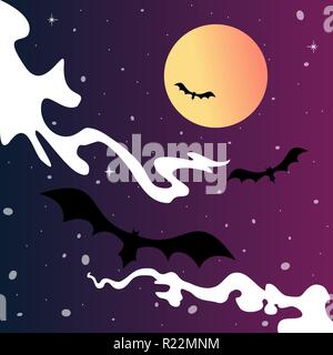 Bats and spooky moon , Halloween night illustration, for print or web Stock Vector