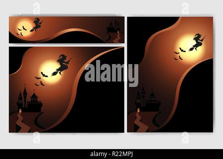 Cool Helloween background with witch full moon and spase for your text and deisgn nice cartoon vector illustration with waves . Stock Vector