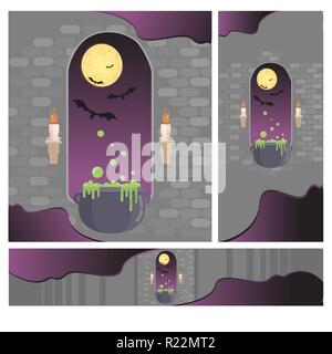 Creative set of medieval window in castle. Happy helloween banners set, vector illustration with candles and full moon, bats  and witch pot. Autumn ni Stock Vector