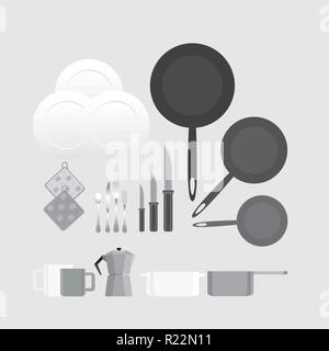 Creative black and white kitchen equipment illustration for web and print minimalistick flat vector cartoon Stock Vector