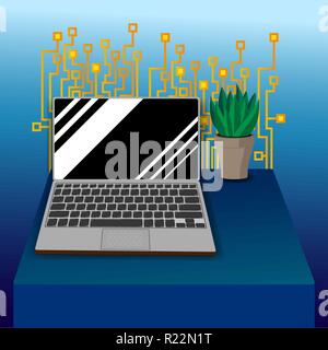 laptop on tabel with Circuit board pattern Stock Vector