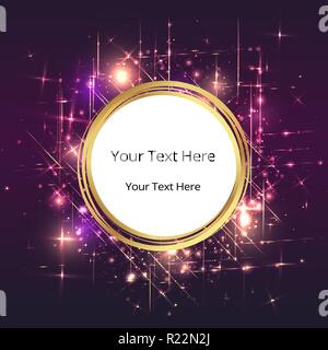 Golden round shiny lights dust trail particles frame on purple background, design template for web and print magic circle background Stock Vector
