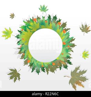 Autumn leaves round  label ,with falling leafs circle frame for print and web sale banner and poster blank vector illustration . Stock Vector