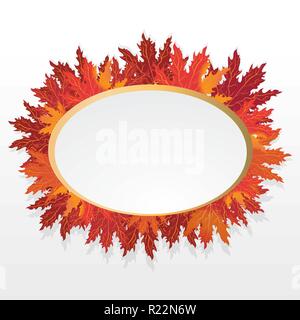 Autumn leaves oval label and nature  frame , orange red and brown leafs banner resizing vector background , with golden rim edge .Logotype and season  Stock Vector