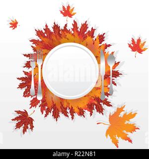 Autumn leaves with plate fork spoon and knife , serving holidays table , romantic motive illustration with falling leafs, thanksgiving table orange re Stock Vector