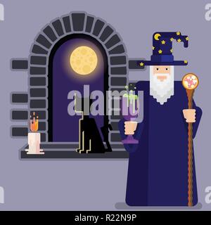 Pixel mage with  bowl and staff and night window . Cool and funny cartoon charachter for games and books. Wizard  for print and web Stock Vector